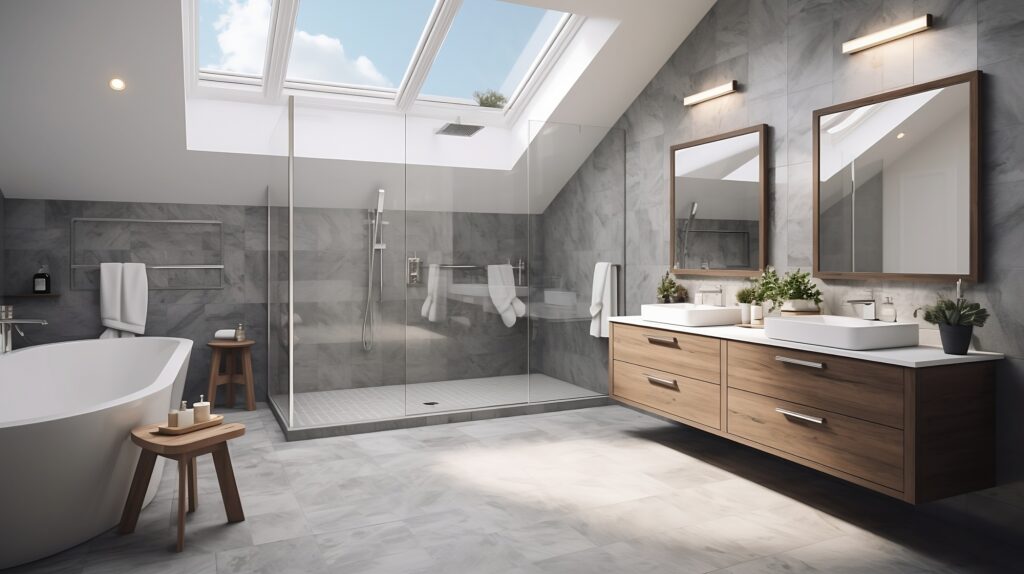 Modern bathroom interior with wooden decor . Spacious bathroom in gray tones freestanding tub, walk-in shower, double sink vanity and skylights. AI